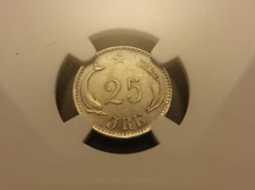 1874 Denmark 25 Ore NGC UNC details 
