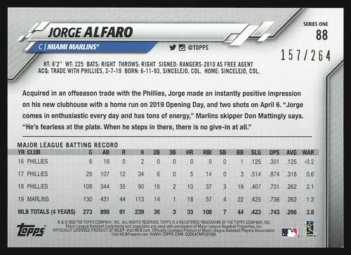 2020 Topps #88 Jorge Alfaro Retail Foilboard /264 SN - Picture 2 of 2