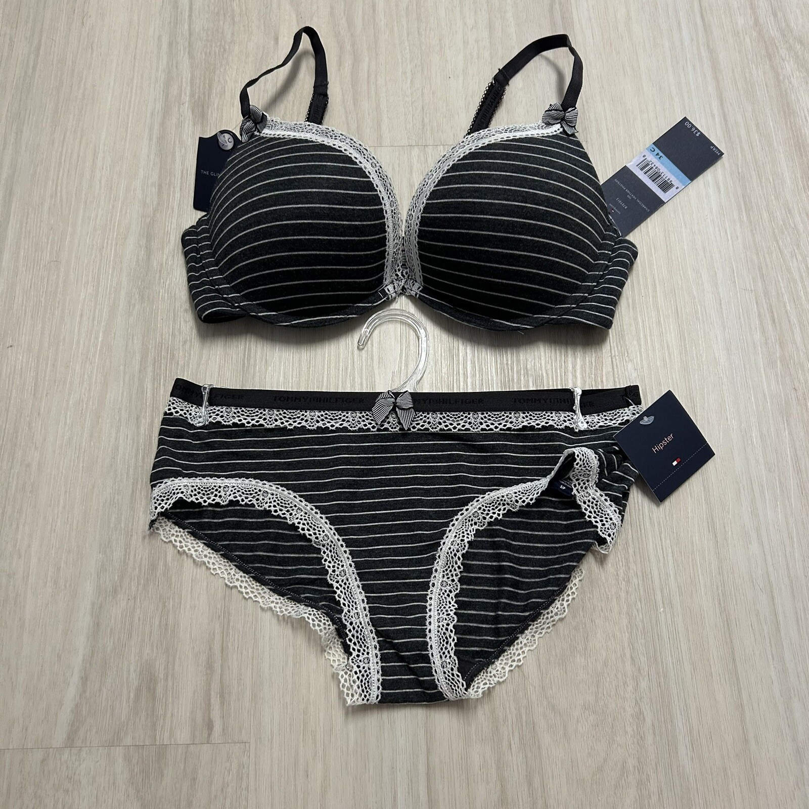 Tommy Hilfiger Gray White Striped The Glimpse Plunge Bra 34C Hipster Panty Small