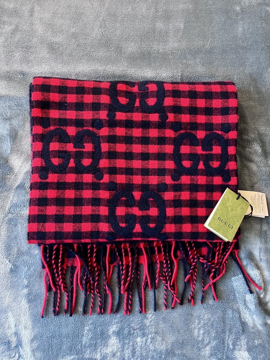 Gucci ★素敵!Unisex Running Wolf Plaid Wool Neck Scarf BRAND NEW Gucci Wool Plaid Print Red Blue Scarf - A must for