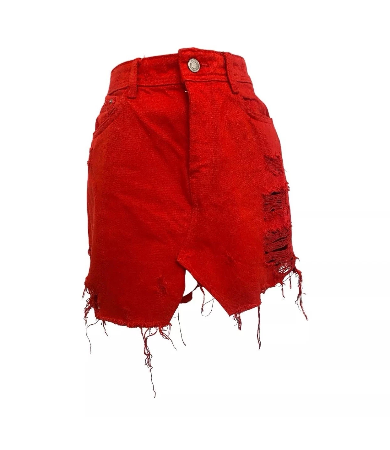 Zara Women Red Distressed Style Front Slit Denim Mini Skirt Size 8