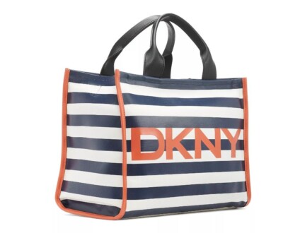 DKNY Emilee striped canvas women's medium tote crossbody bag in Navy White