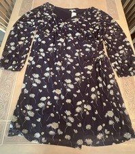 Cato Midi Wrap Dress Navy Blue Floral Daisies Sheer Sleeved Plus Size 26/28 NWT