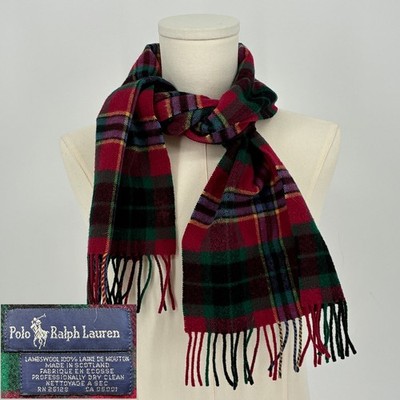 Vintage Polo Ralph Lauren 100% Lambswool Tartan Plaid Scarf Made-in-Scotland Red
