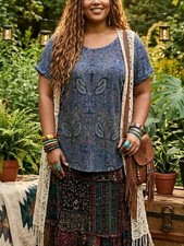 Lucky Brand Shirt Women's 1X Floral Paisley Split Back Beachy Boho Hippie Top