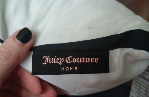 "Juicy Couture" Throw Pillow, White Front W/ Gold Letters, Striped Back, 16x16 - Picture 3 of 5