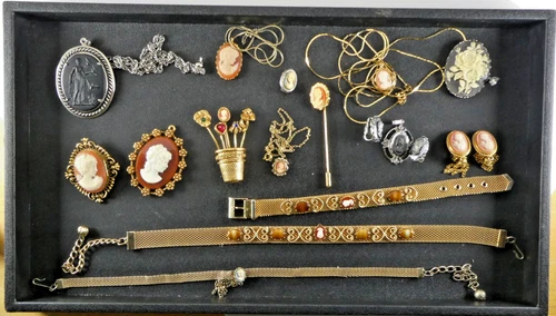 16 Vintage Lot CAMEO Costume Jewelry BROOCH Clip On EARRINGS Bracelets CHOKER?