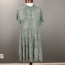 Muche & Machette Vera Green Floral Pleated Button down Shift dress Sz One size