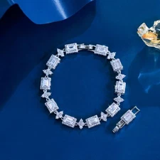 Stunning White Gold Plated Cubic Zirconia CZ Baguette Tennis Bracelet for Ladies