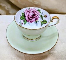 Aynsley Teacup and Saucer Mint Green with Pink Cabbage Rose Vintage Rare England