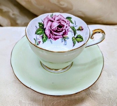 Rare Aynsley Teacup & Saucer Set Green Pink Large Cabbage Rose England Gold Cup