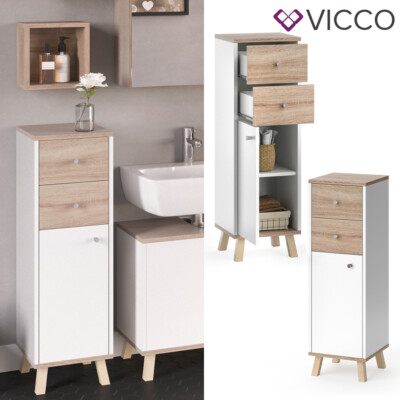 Midischrank Badschrank Badregal Senyo Sonoma/Weiß 2 Schubladen Badmöbel Vicco