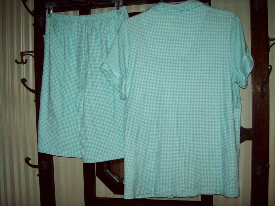 NUEVO CON ETIQUETAS BERMUDAS KAREN NEUBURGER PIJAMA CORTO PJ SET GINGHAM AQUA 59511 M Foto 4 de 4