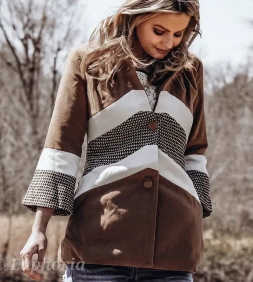 Blazer Abrigo Ryu Pata de Gallo Hecho a Mano Bloques de Color Chevron Manga Campana M Foto 2 de 4