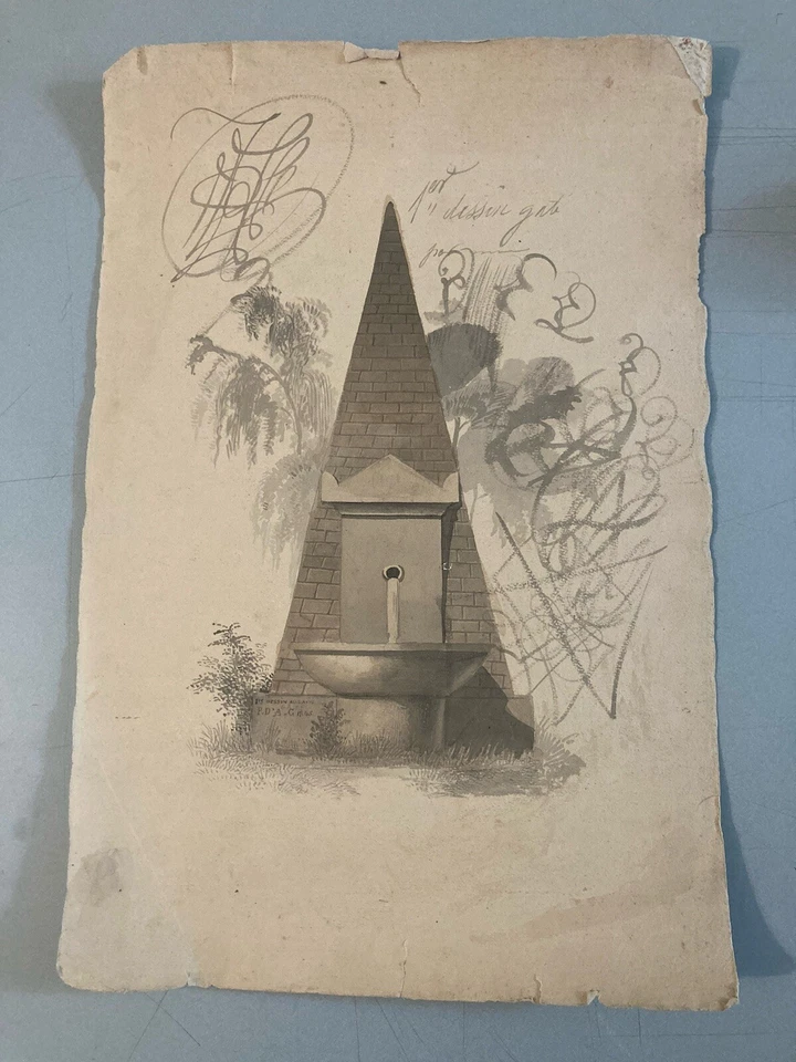 beau Dessin Fontaine Eau Lavis Encre XIXe Romantisme Architecture Paysage Art - Photo 2/4