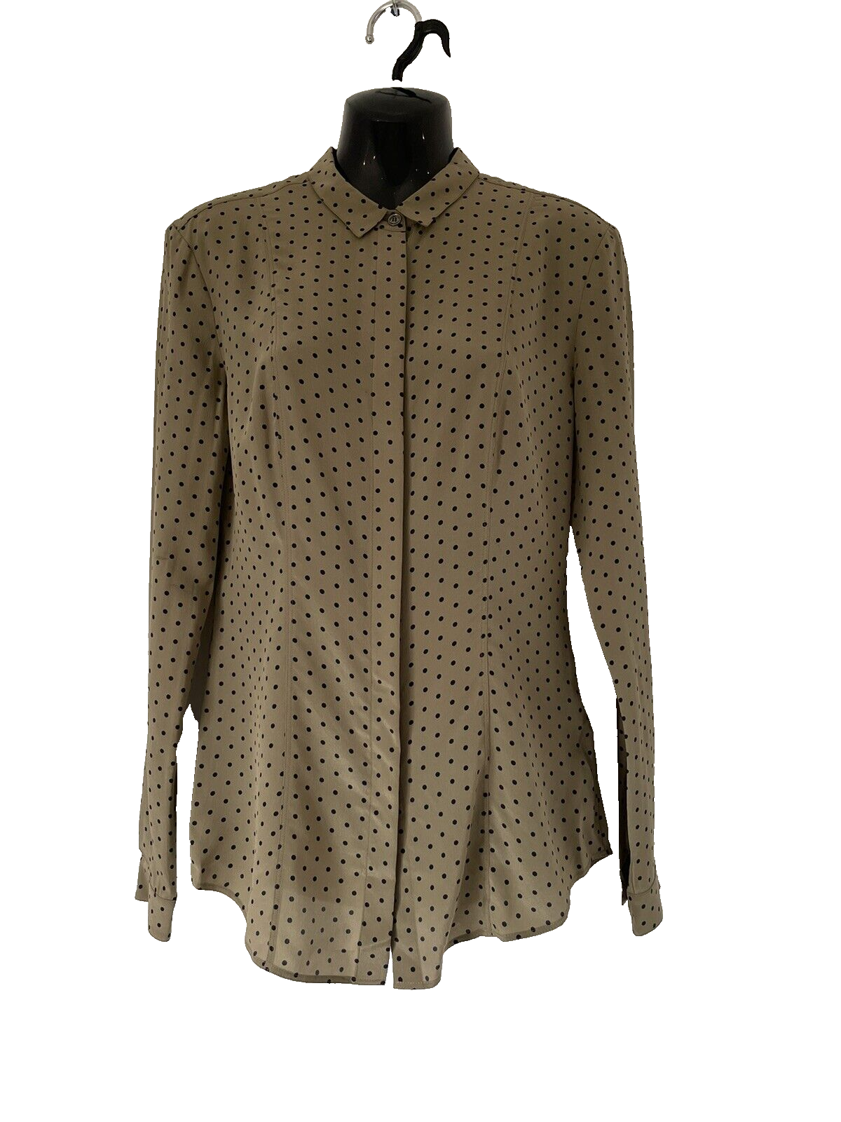 BURBERRY TAUPE / NAVY SPOT LONG SLEEVE PURE SILK COLLARED BLOUSE SIZE UK 8