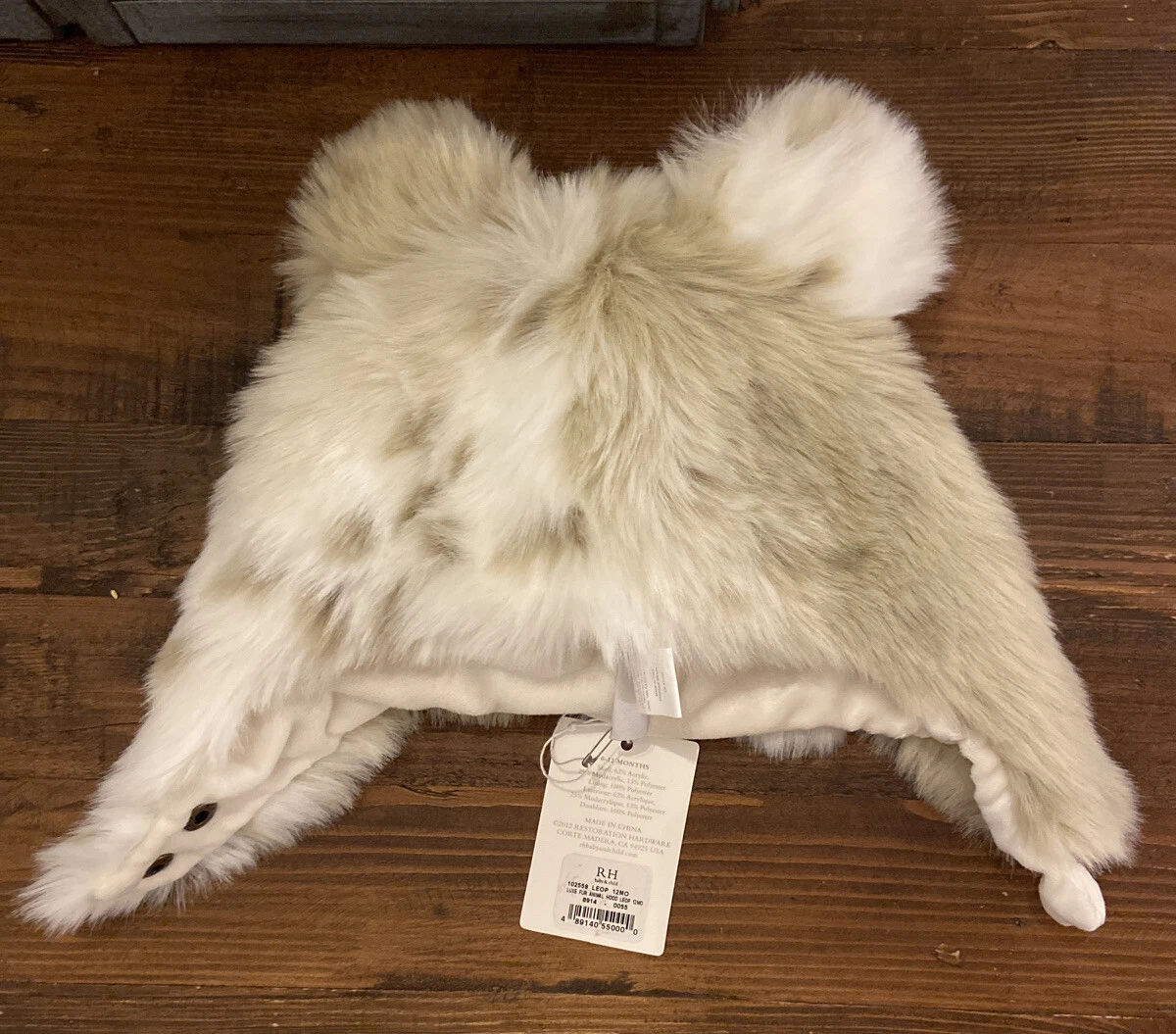 NEW! RH Luxe Faux Fur Snow Leopard Baby Hood Hat Size 0-12 Months