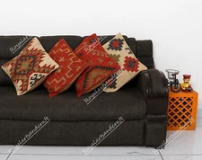 4 Set of Wool Jute Cushion Cover Throw Indian Vintage Handmade Kilim Rug Pillows