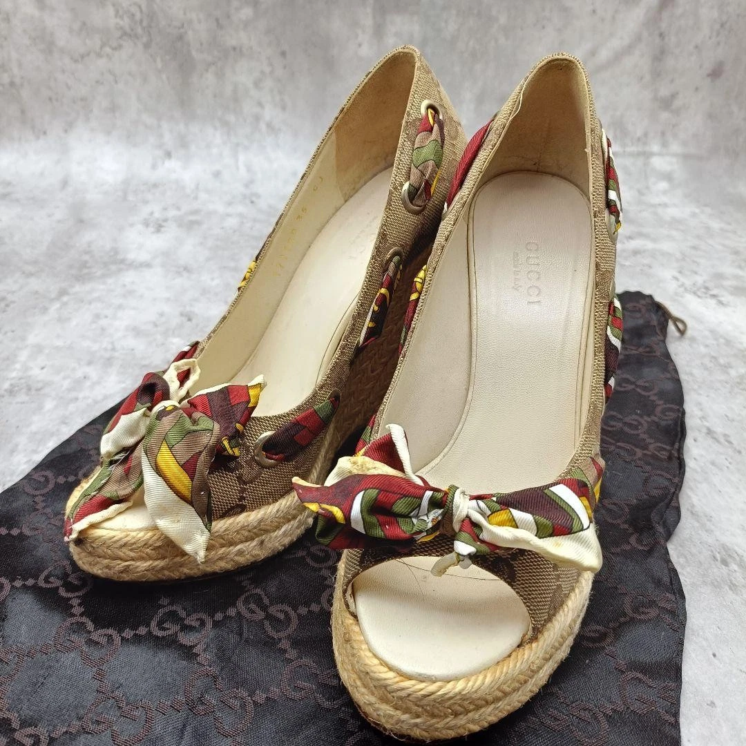 Escarpins GUCCI talon GG toile écharpe toile enveloppante multicolore EU35 US5 Japon F/S OCCASION