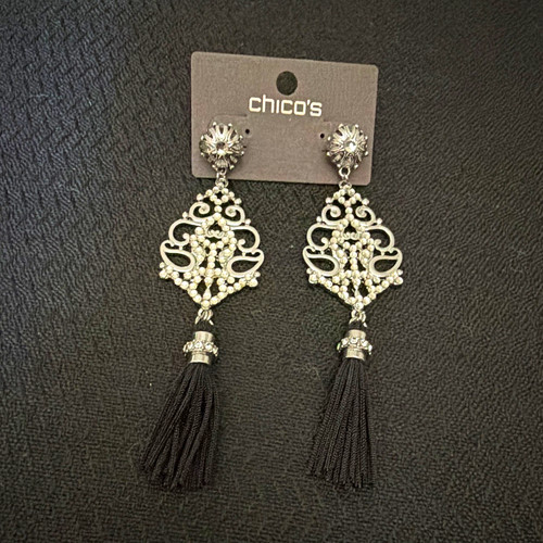 Chico's Silver Tone Filigree Black Tassel Dangle/Drop Earrings with rhinestones