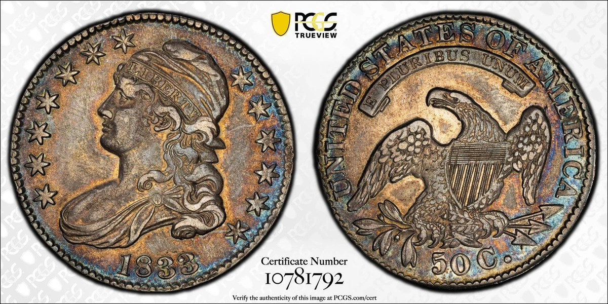 1833年アメリカ50セント銀貨　キャップドバストPCGS認定 Circulated 1833 Year US Early Half Dollar Coins (1794-1839) for
