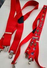 TWO Santa Claus Christmas Holiday and Red Clip On Elastic Suspenders Red Novelty
