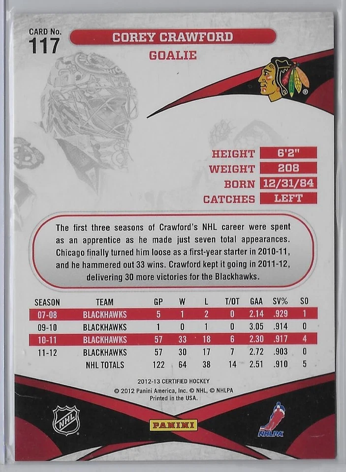 2012-13 Panini Certified Masked Marvels Corey Crawford 589/999 - Image 2 of 2