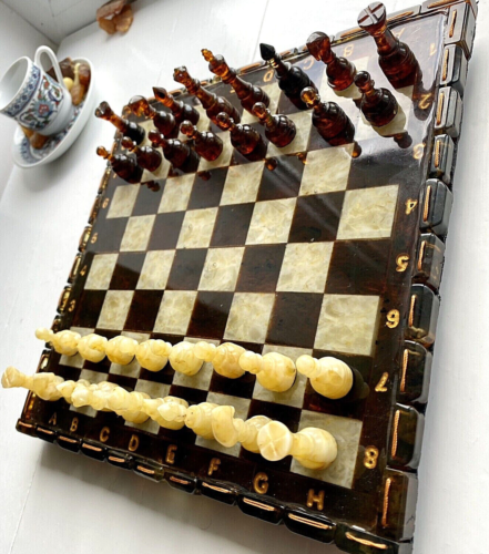 Natural Baltic Amber Chess Set And Board Handmade  - Picture 1 of 12