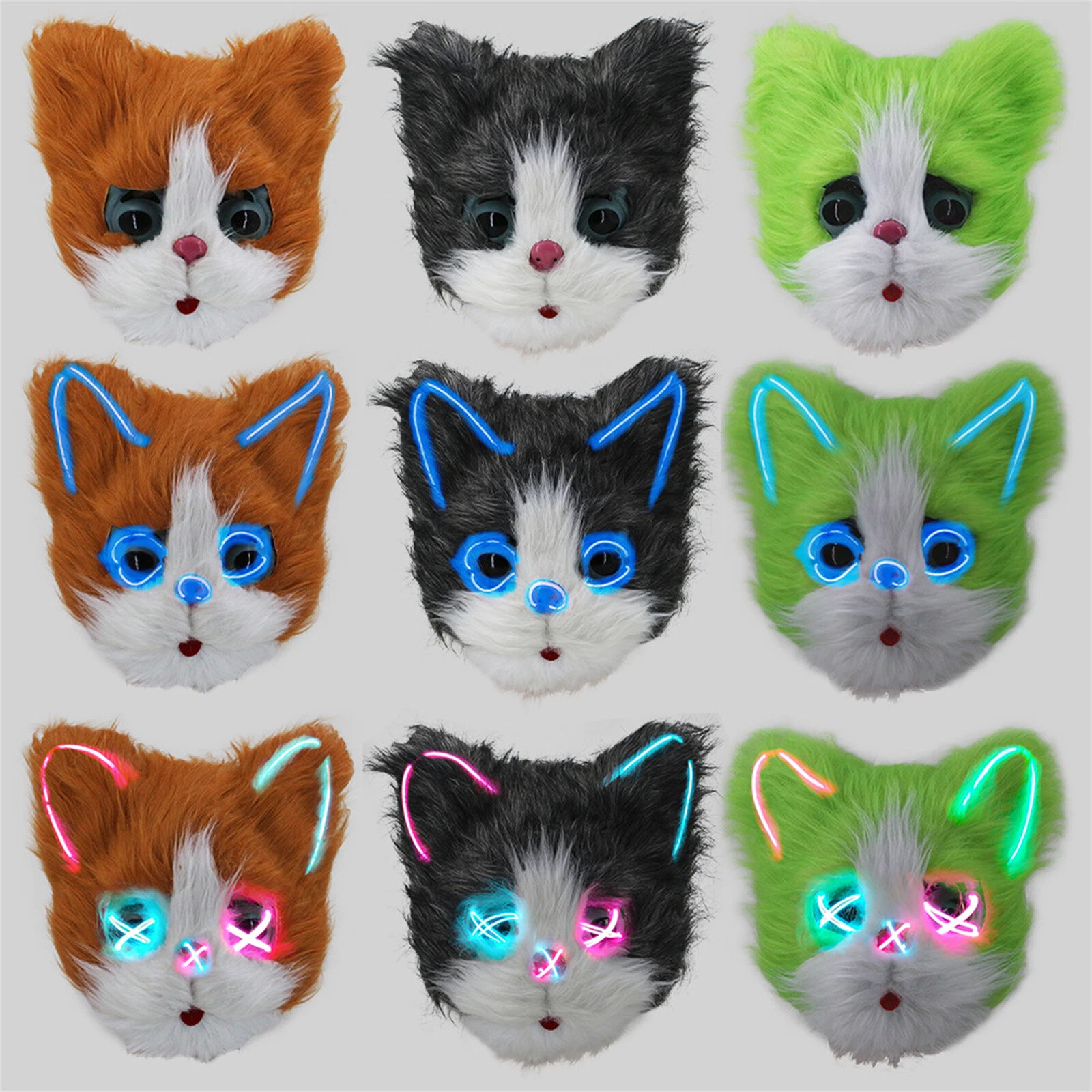 Furry Plush Cat Mask with Led,Full Face Cat Mask,Glowing Animal Kitty Masks