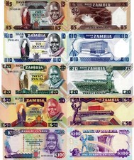 ZAMBIA - Lot 5 Banknoten 5/10/20/50/100 Kwacha FDS - UNC