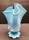 vintage fenton blue and white slag glass handkerchief  vase cabbage rose