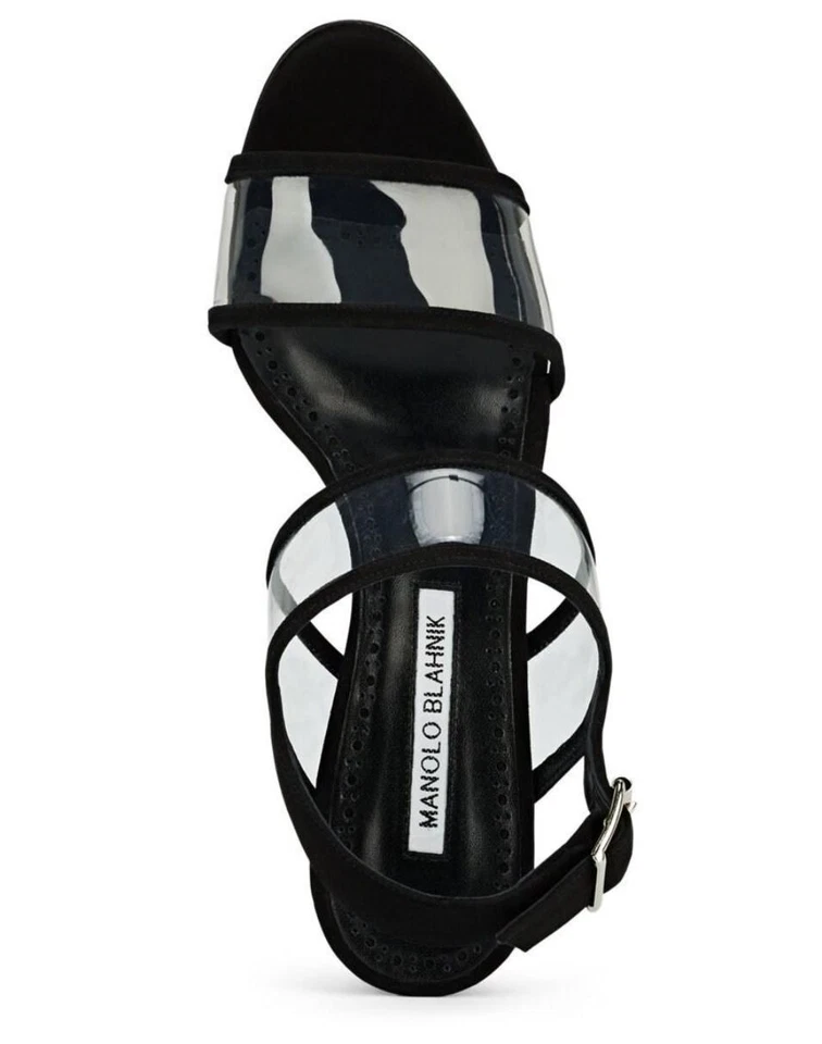 Sandálias de salto MANOLO BLAHNIK 40 EUA 9,5 Khan preto camurça e PVC USADAS 1X - Imagem 3 de 4