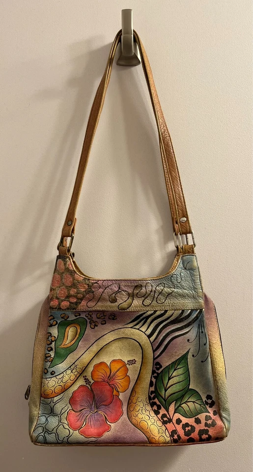 Anuschka Leather Hand Painted Bag Shoulder Strap Hibiscus Flower Cheetah Print