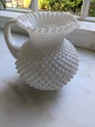 Vintage 60's Mid Century Modern Fenton Milk Glass Hobnail Pitcher