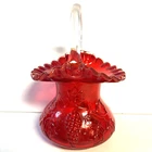 Fenton Grapevine Pattern Thumbprint Edge Clear Handle Cherry Red Basket Artglass