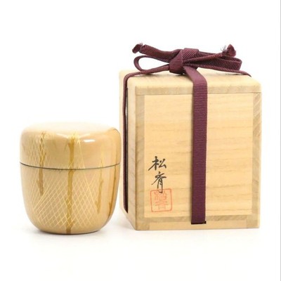 Sato Shosai White Lacquer Dried Net Makie Natsume Tea Caddy w/Box Tea Utensils