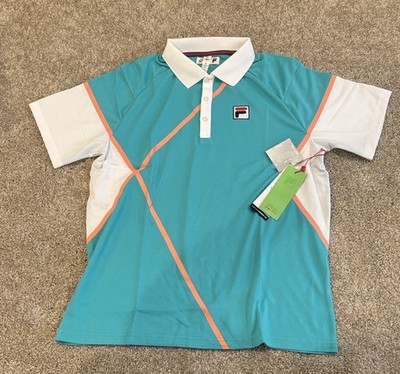 FILA Men's M Aqua White Orange Short Sleeve Polyester Tennis Polo Shirt