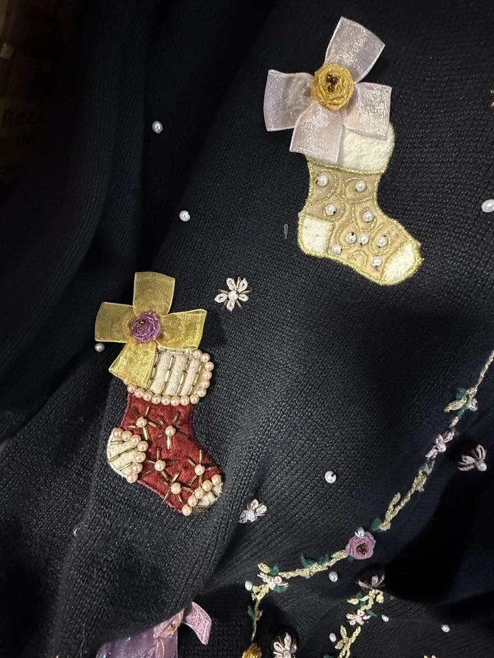 B.P. Design Christmas Cardigan Women’s XXL Black VTG Embroidered Stockings - Image 2 of 4