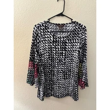 Multiples Black White Abstract Print Bell Sleeve Blouse Top XSA818