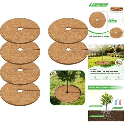 24'' Coconut Fiber Mulch Ring 6-Pack, Natural Coco Coir Tree Protector Weed Mat