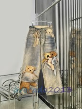 ACNE Women Vintage Distressed 3D Bear Printing Fashion Loose Straight Jeans
