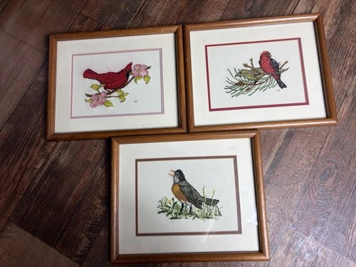 3 - Completed Cross Stitch Kit Chickadees Bird Red Cardinal Robin
