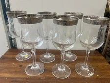 Murano Medici glass Italy wine goblets etched platinum set of six
