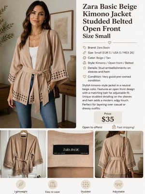 Zara Basic Beige Kimono Jacket Studded Belted Open Front Size Small