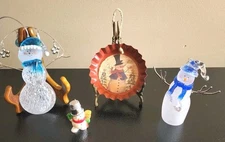 Vintage Lot (4) Snowman Ornaments Glass Acrylic Porcelain Tin Snowmen Christmas 