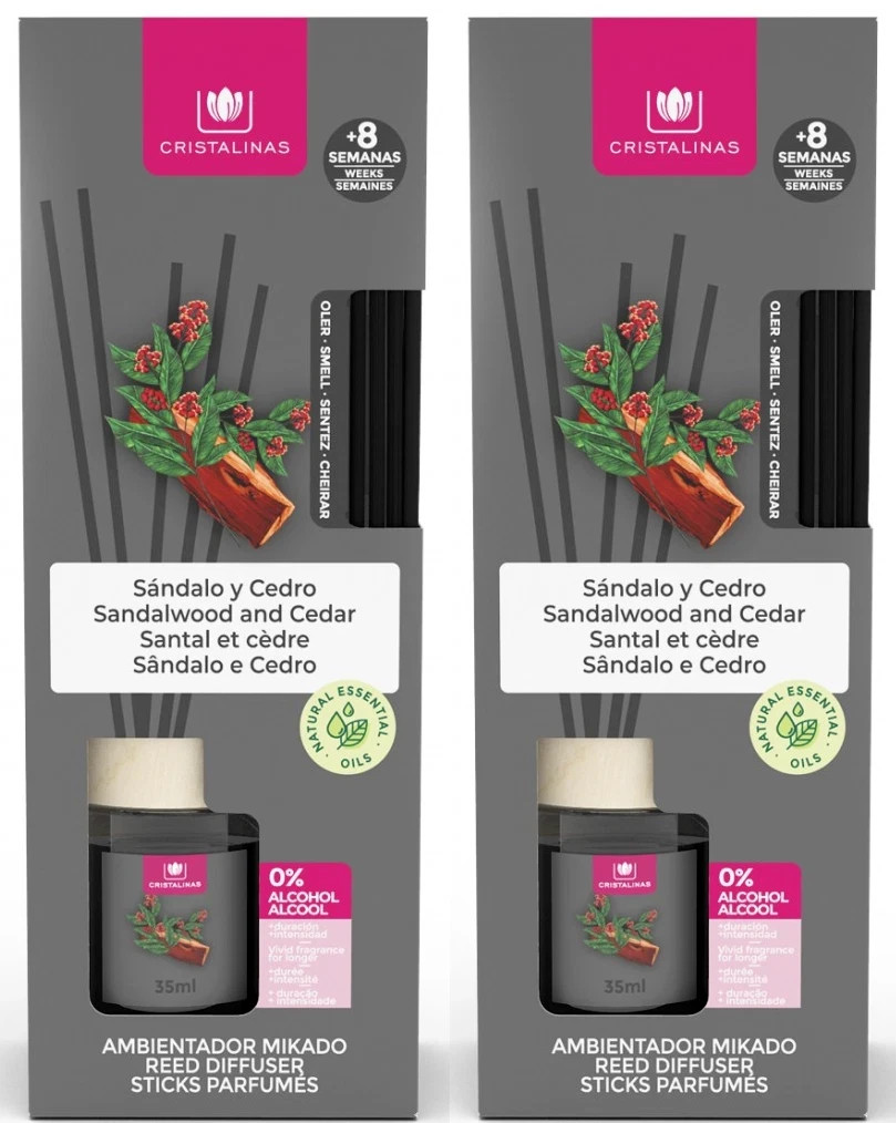 2x Cristalinas Reed Diffuser Home Office Air Freshener 25ml - Sandalwood & Cedar