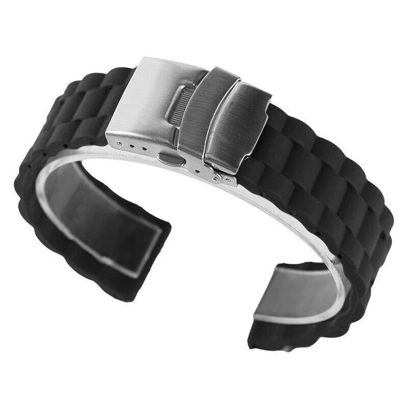 22mm Black Silicon/Rubber Replacement Watch Strap Silver Tone Deployment Clasp