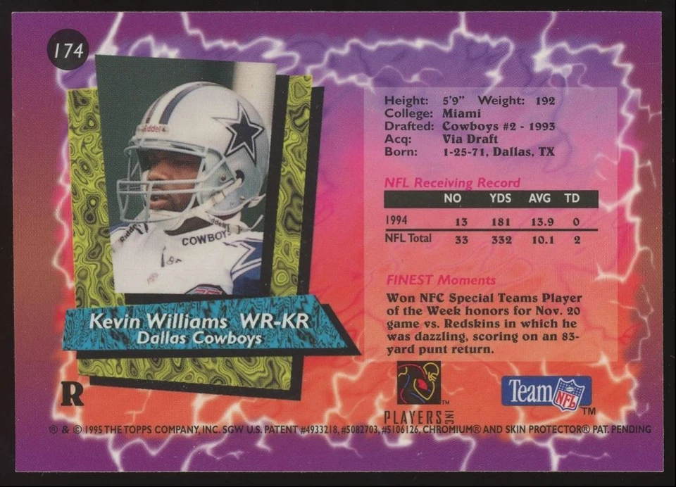 Kevin Williams #174 1995 Topps Finest Refractor Dallas Cowboys Football Card SP - Image 2 of 3