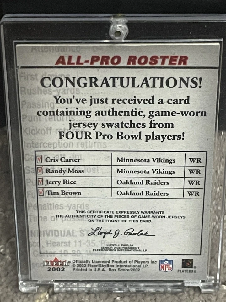 Cris Carter/RANDY MOSS/J RICE/Brown 2002 Fleer Box Score All Pro Quad GU 球衣 — 第 2/4 张图片