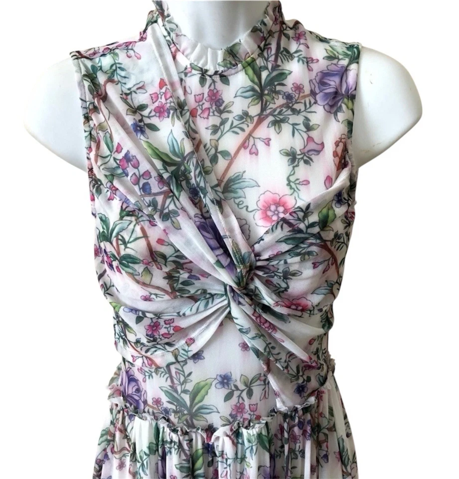 BEBE FLORAL PRINT SLEEVELESS KNOT FRONT SHEER PLEATED MIDI DRESS SIZE XXL - Image 2 of 4